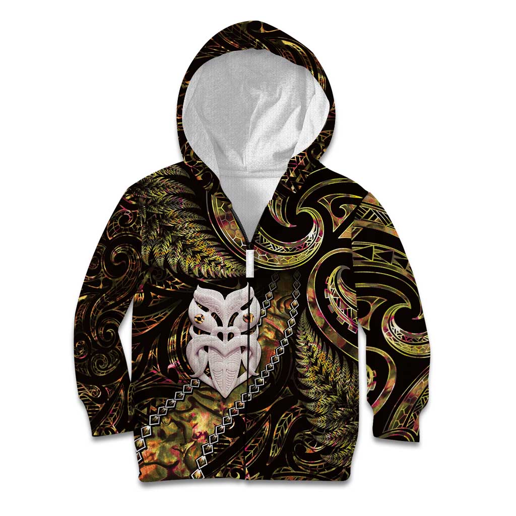 New Zealand Aotearoa Kid Hoodie Maori Wheku Paua Shell Glitter Gold LT05 Zip Hoodie Gold - Polynesian Pride