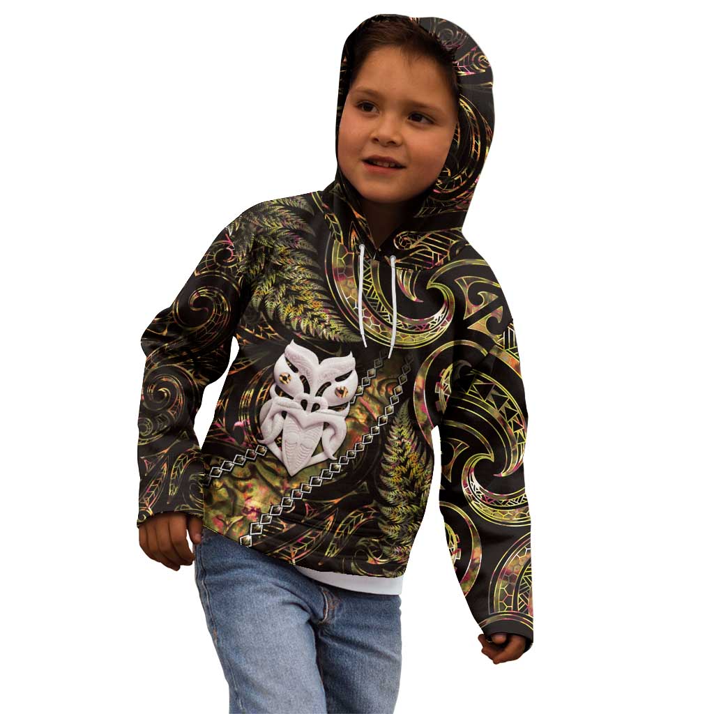 New Zealand Aotearoa Kid Hoodie Maori Wheku Paua Shell Glitter Gold LT05 - Polynesian Pride