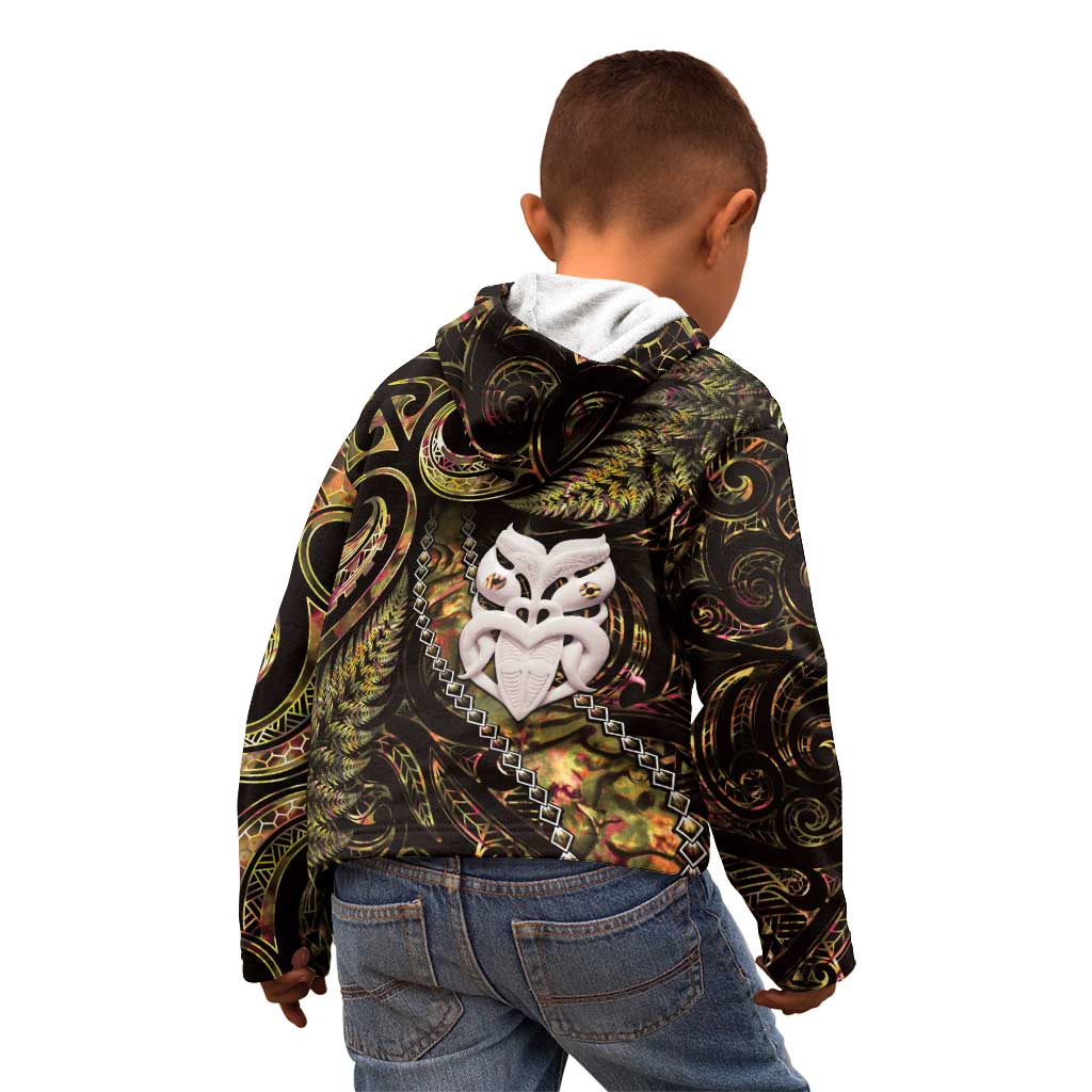 New Zealand Aotearoa Kid Hoodie Maori Wheku Paua Shell Glitter Gold LT05 - Polynesian Pride