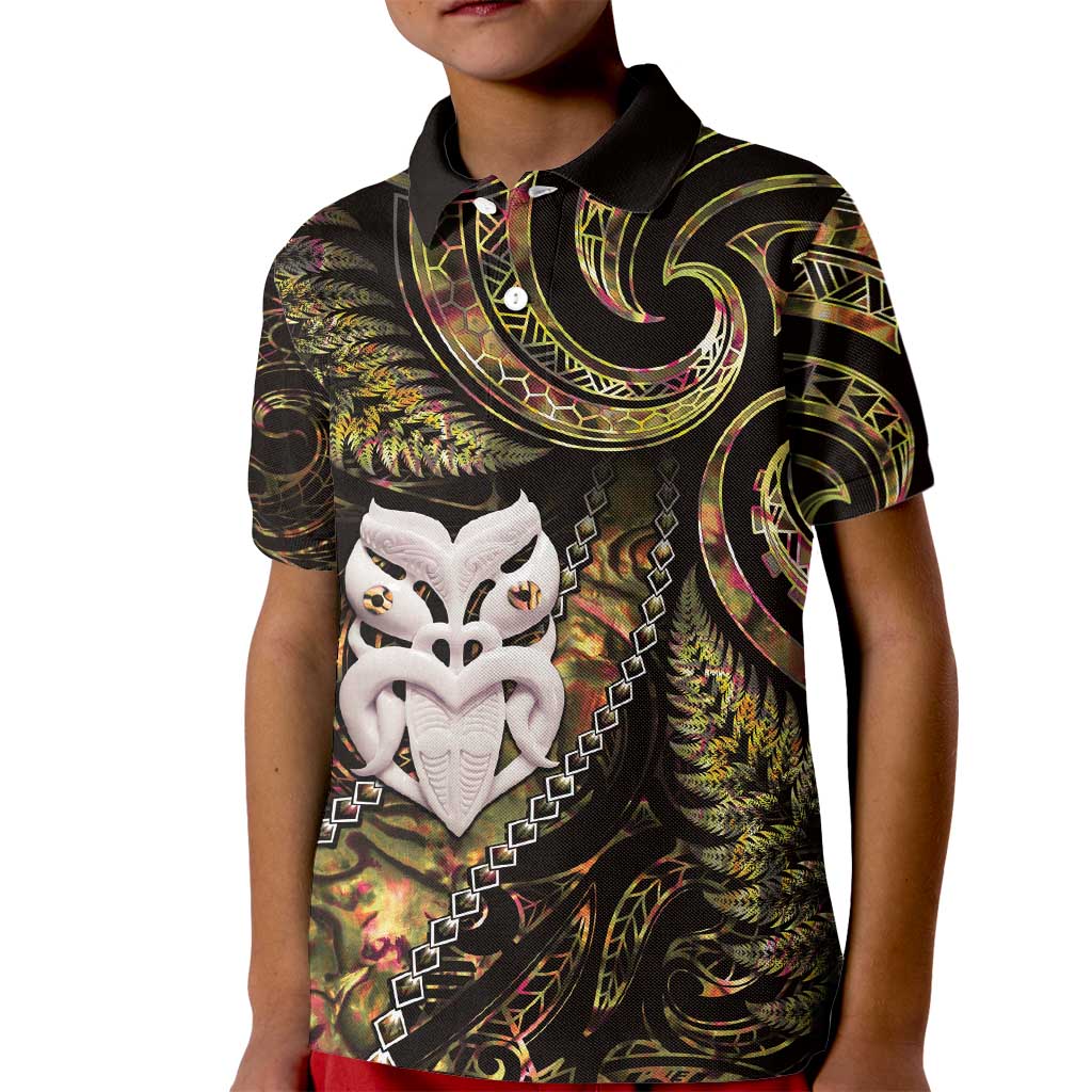 New Zealand Aotearoa Kid Polo Shirt Maori Wheku Paua Shell Glitter Gold LT05 Kid Gold - Polynesian Pride