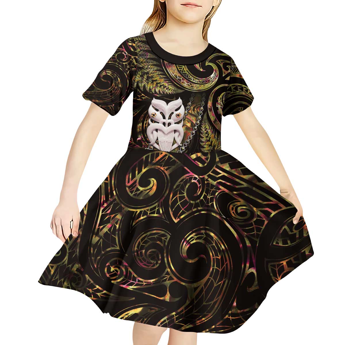 New Zealand Aotearoa Kid Short Sleeve Dress Maori Wheku Paua Shell Glitter Gold LT05 - Polynesian Pride