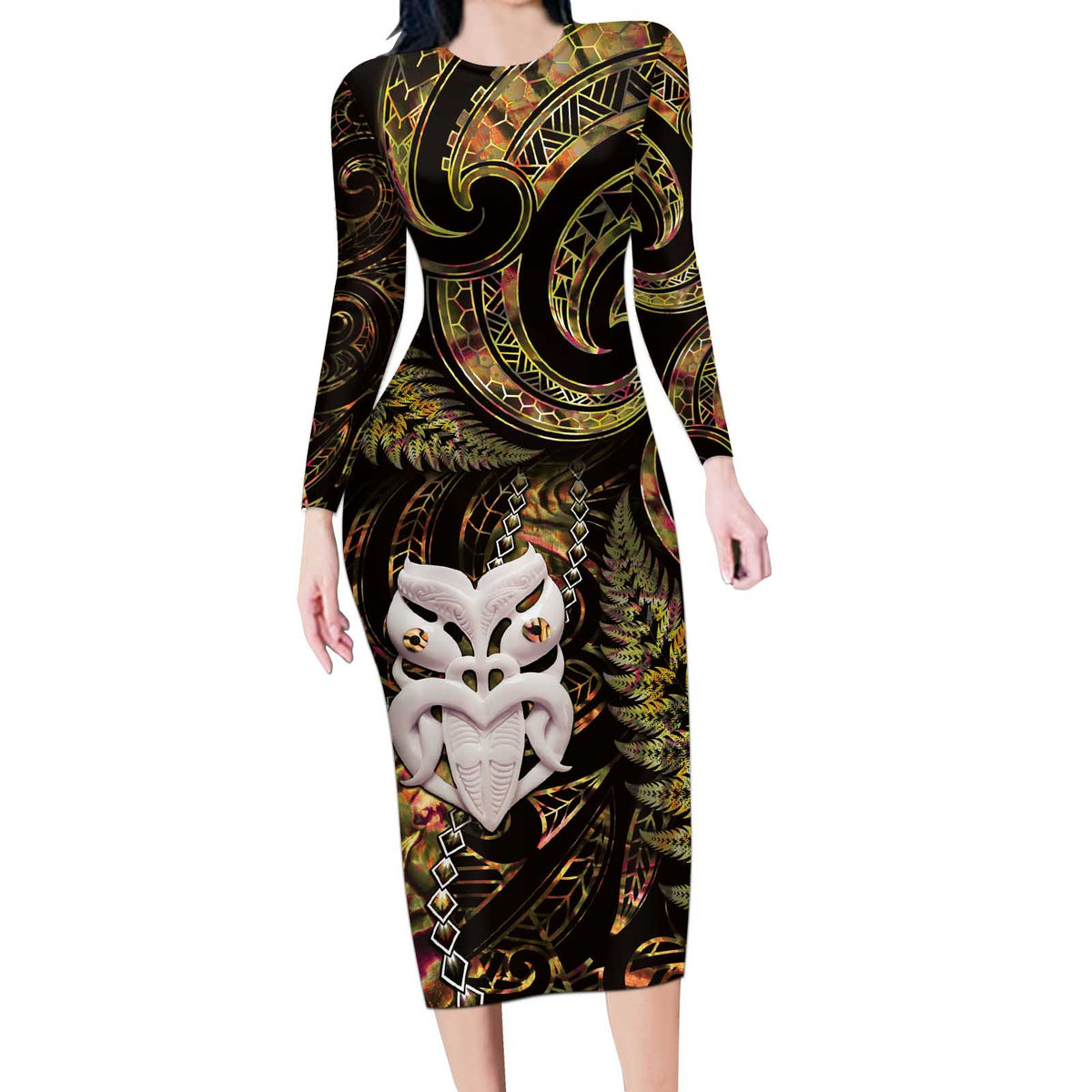 New Zealand Aotearoa Long Sleeve Bodycon Dress Maori Wheku Paua Shell Glitter Gold LT05 Long Dress Gold - Polynesian Pride