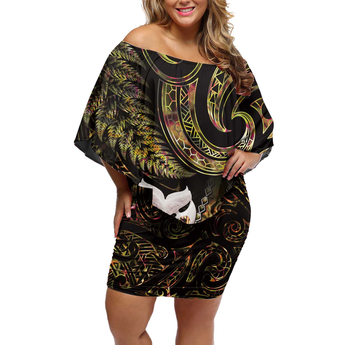 New Zealand Aotearoa Off Shoulder Short Dress Maori Wheku Paua Shell Glitter Gold LT05 Women Gold - Polynesian Pride