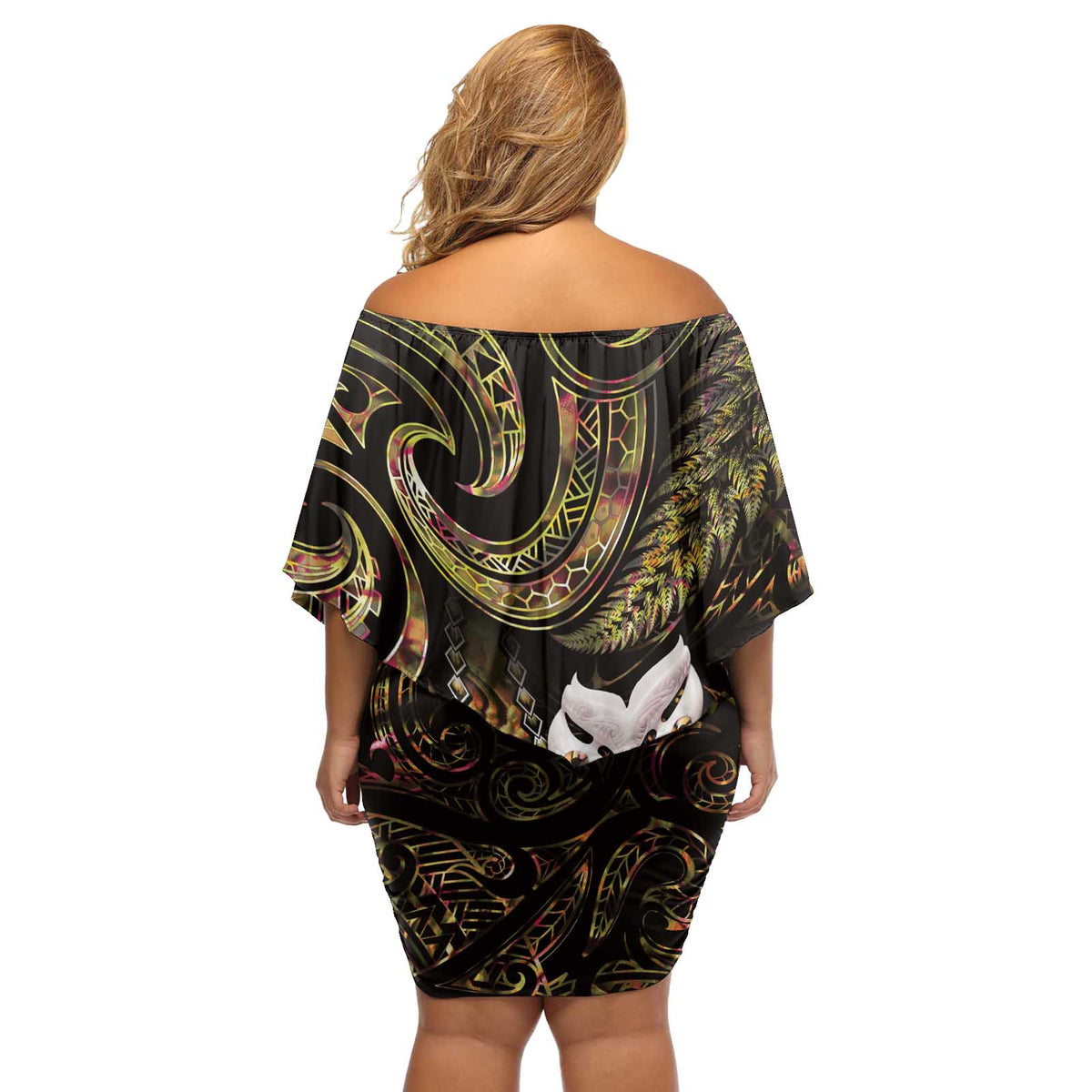 New Zealand Aotearoa Off Shoulder Short Dress Maori Wheku Paua Shell Glitter Gold LT05 - Polynesian Pride