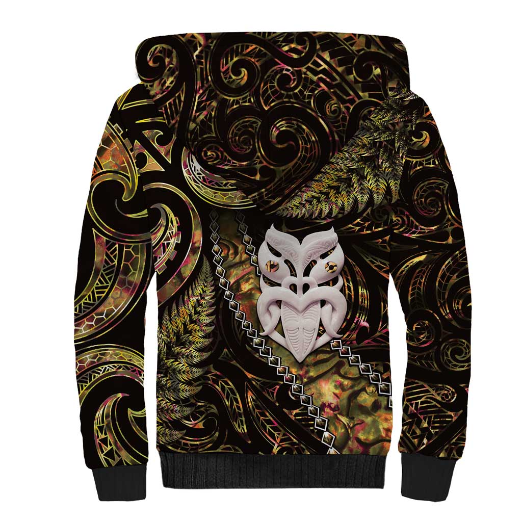New Zealand Aotearoa Sherpa Hoodie Maori Wheku Paua Shell Glitter Gold LT05 - Polynesian Pride