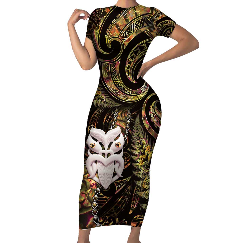 New Zealand Aotearoa Short Sleeve Bodycon Dress Maori Wheku Paua Shell Glitter Gold LT05 Long Dress Gold - Polynesian Pride