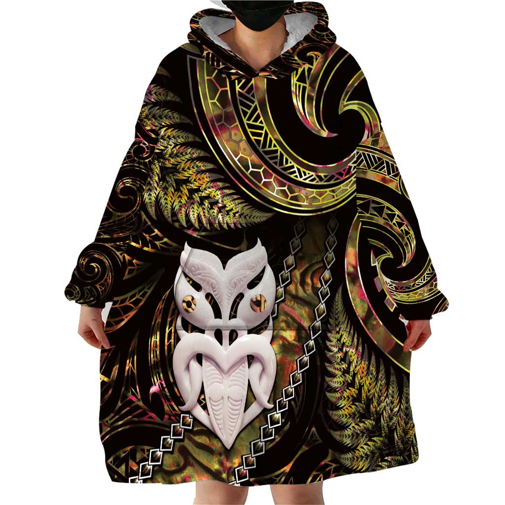 New Zealand Aotearoa Wearable Blanket Hoodie Maori Wheku Paua Shell Glitter Gold LT05 - Polynesian Pride