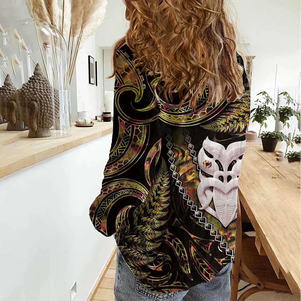New Zealand Aotearoa Women Casual Shirt Maori Wheku Paua Shell Glitter Gold
