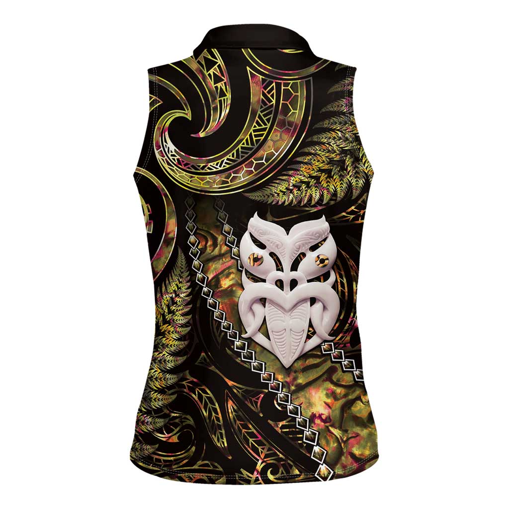 New Zealand Aotearoa Women Sleeveless Polo Shirt Maori Wheku Paua Shell Glitter Gold LT05 - Polynesian Pride