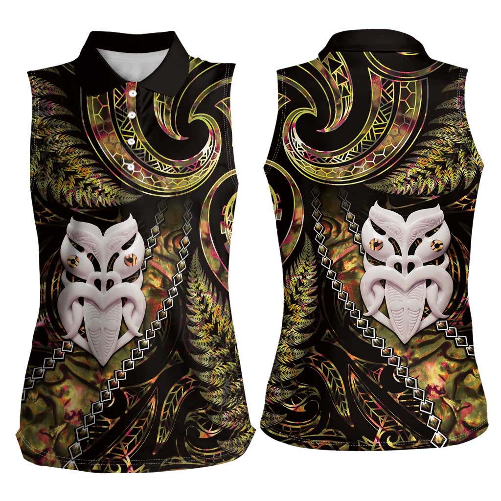 New Zealand Aotearoa Women Sleeveless Polo Shirt Maori Wheku Paua Shell Glitter Gold LT05 - Polynesian Pride