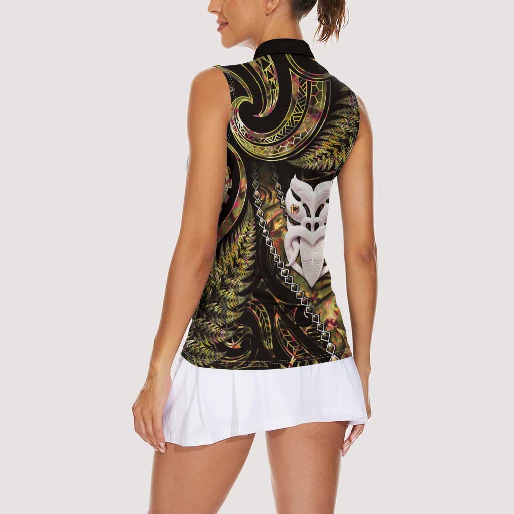 New Zealand Aotearoa Women Sleeveless Polo Shirt Maori Wheku Paua Shell Glitter Gold LT05 - Polynesian Pride