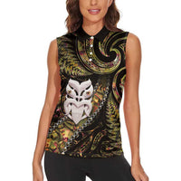 New Zealand Aotearoa Women Sleeveless Polo Shirt Maori Wheku Paua Shell Glitter Gold LT05 - Polynesian Pride