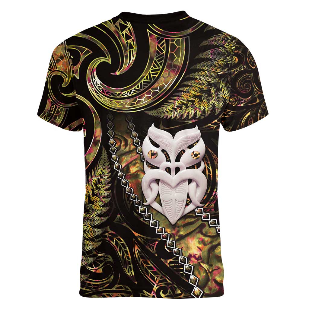 New Zealand Aotearoa Women V-Neck T-Shirt Maori Wheku Paua Shell Glitter Gold LT05 - Polynesian Pride
