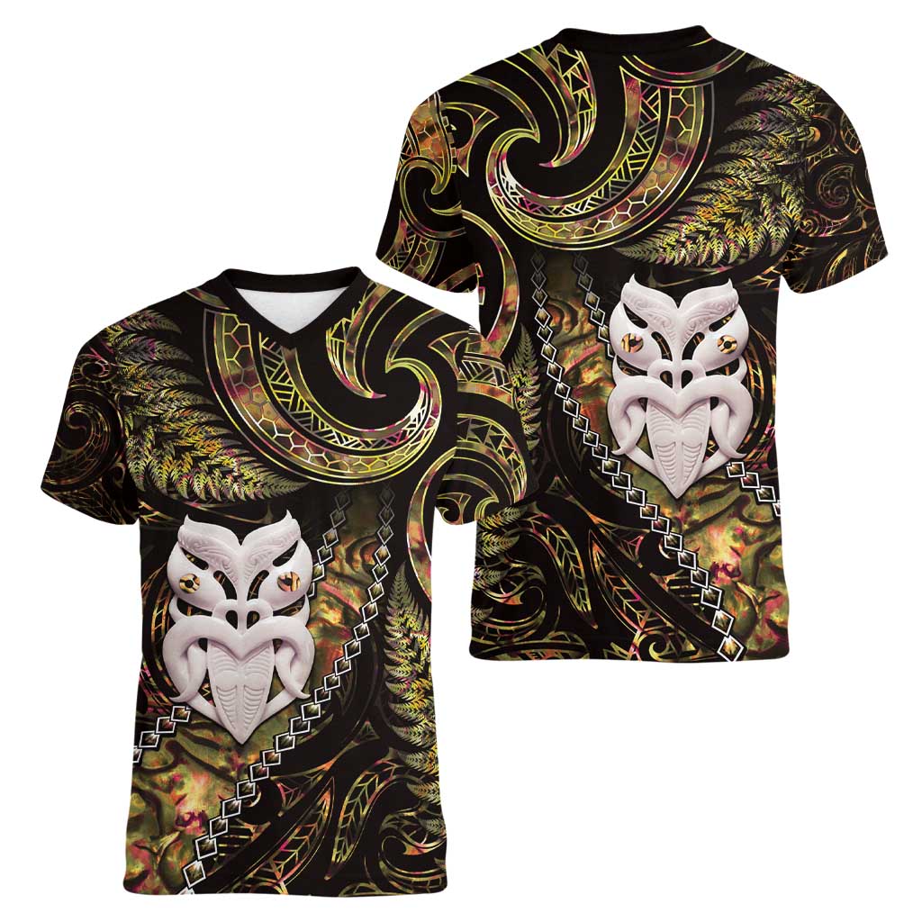 New Zealand Aotearoa Women V-Neck T-Shirt Maori Wheku Paua Shell Glitter Gold LT05 - Polynesian Pride