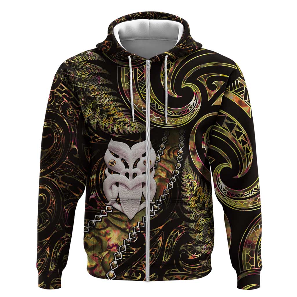 New Zealand Aotearoa Zip Hoodie Maori Wheku Paua Shell Glitter Gold LT05 Zip Hoodie Gold - Polynesian Pride