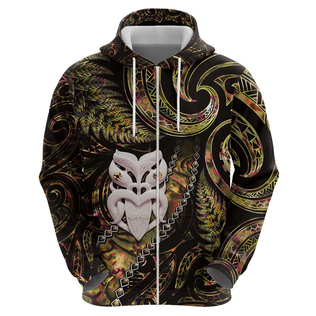 New Zealand Aotearoa Zip Hoodie Maori Wheku Paua Shell Glitter Gold LT05 - Polynesian Pride