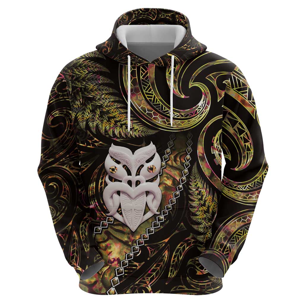 New Zealand Aotearoa Zip Hoodie Maori Wheku Paua Shell Glitter Gold LT05 - Polynesian Pride