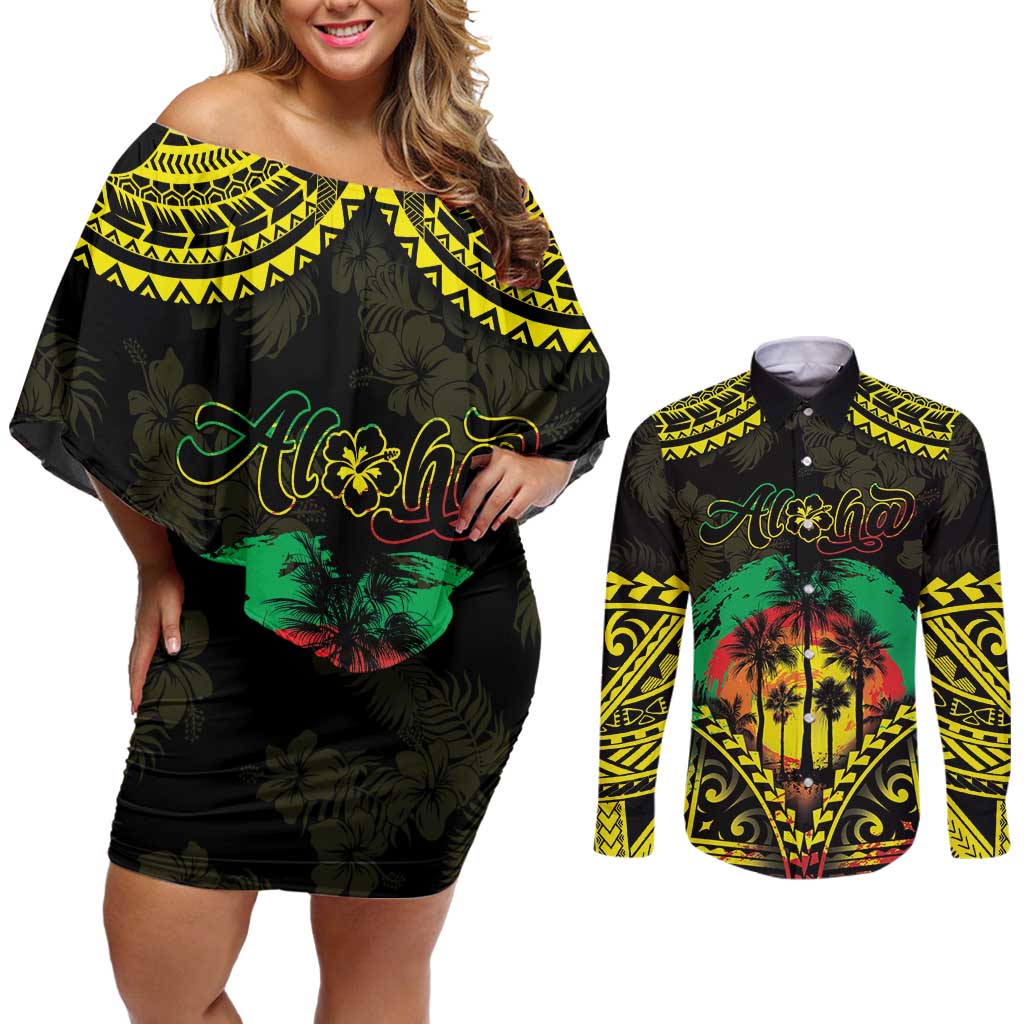 Aloha Tropical Palm Trees Couples Matching Off Shoulder Short Dress and Long Sleeve Button Shirt Reggae Polynesian Pattern