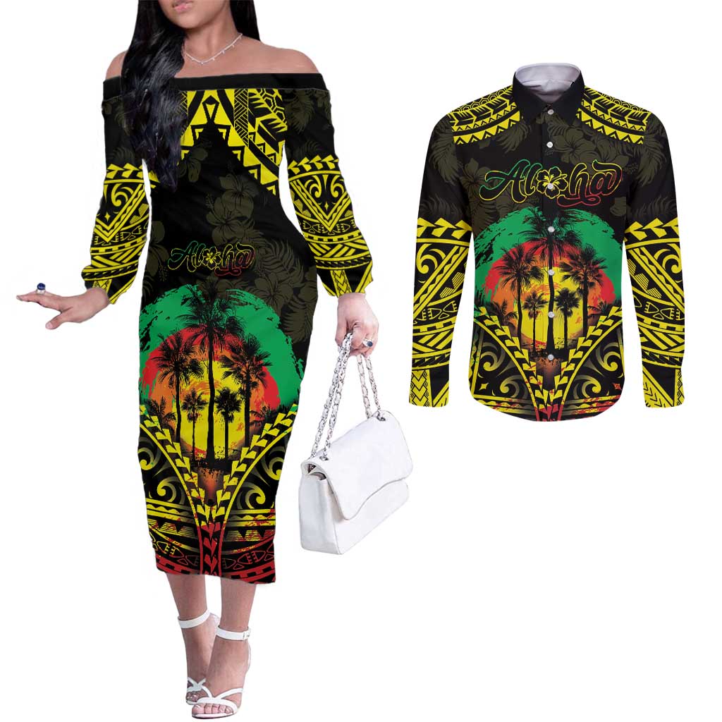Aloha Tropical Palm Trees Couples Matching Off The Shoulder Long Sleeve Dress and Long Sleeve Button Shirt Reggae Polynesian Pattern