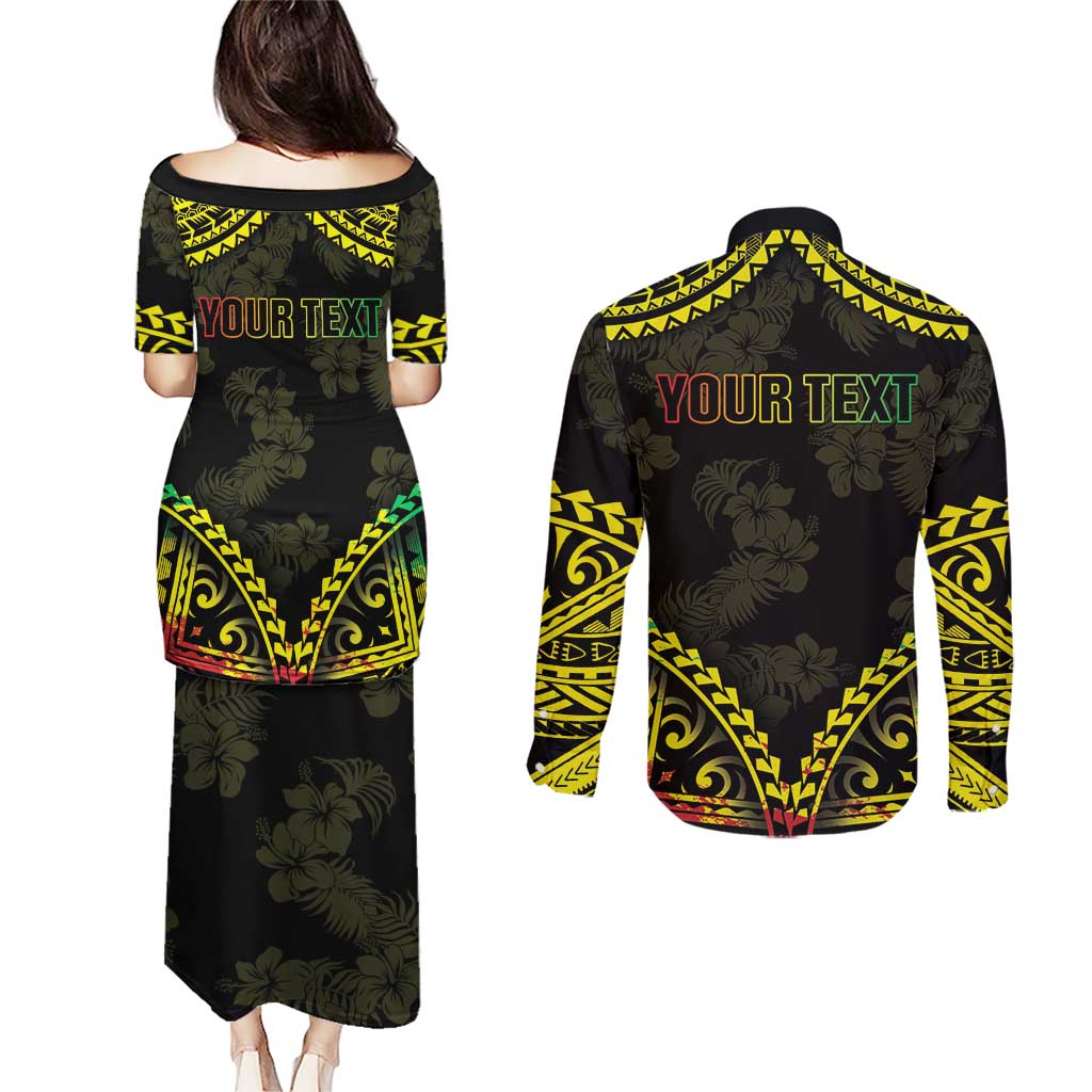 Aloha Tropical Palm Trees Couples Matching Puletasi and Long Sleeve Button Shirt Reggae Polynesian Pattern