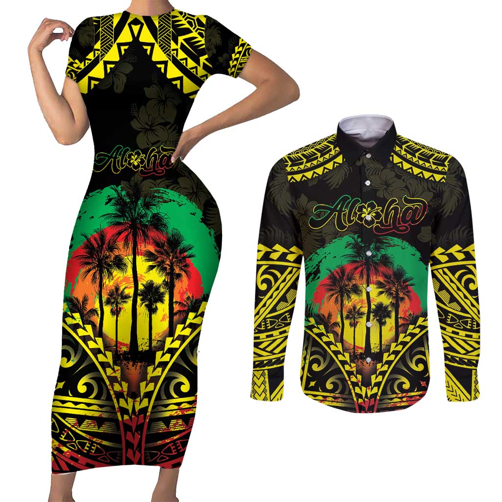 Aloha Tropical Palm Trees Couples Matching Short Sleeve Bodycon Dress and Long Sleeve Button Shirt Reggae Polynesian Pattern
