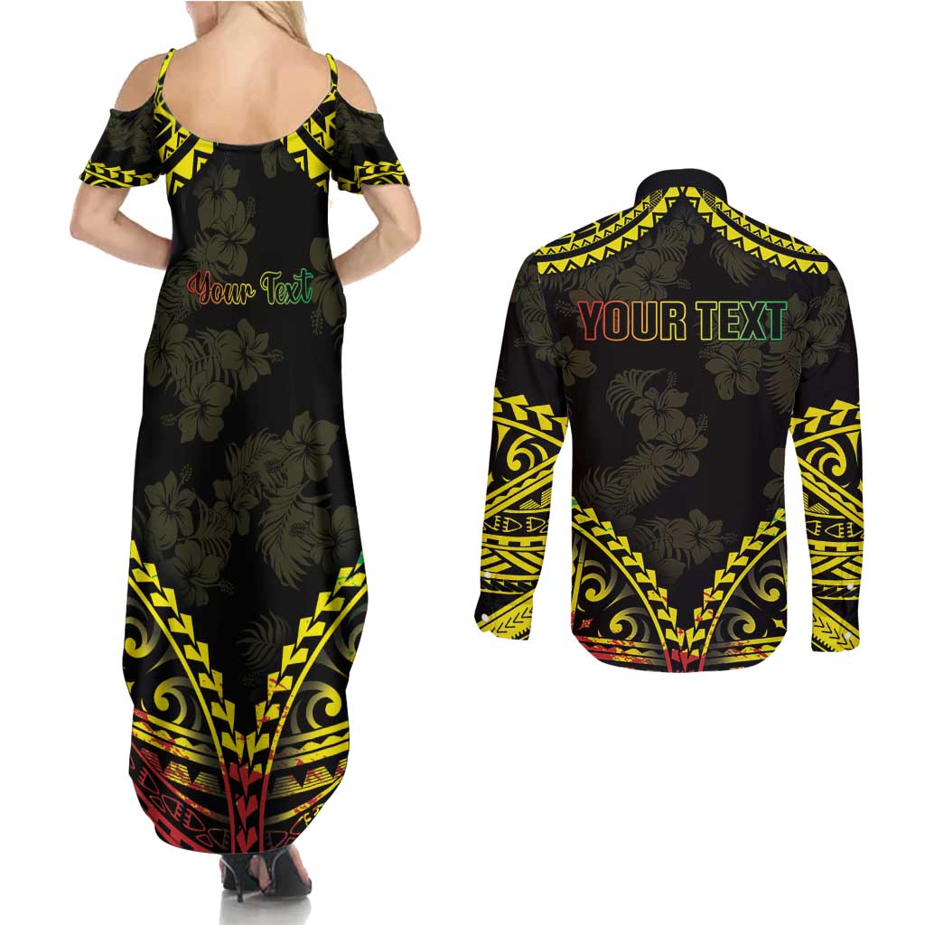 Aloha Tropical Palm Trees Couples Matching Summer Maxi Dress and Long Sleeve Button Shirt Reggae Polynesian Pattern