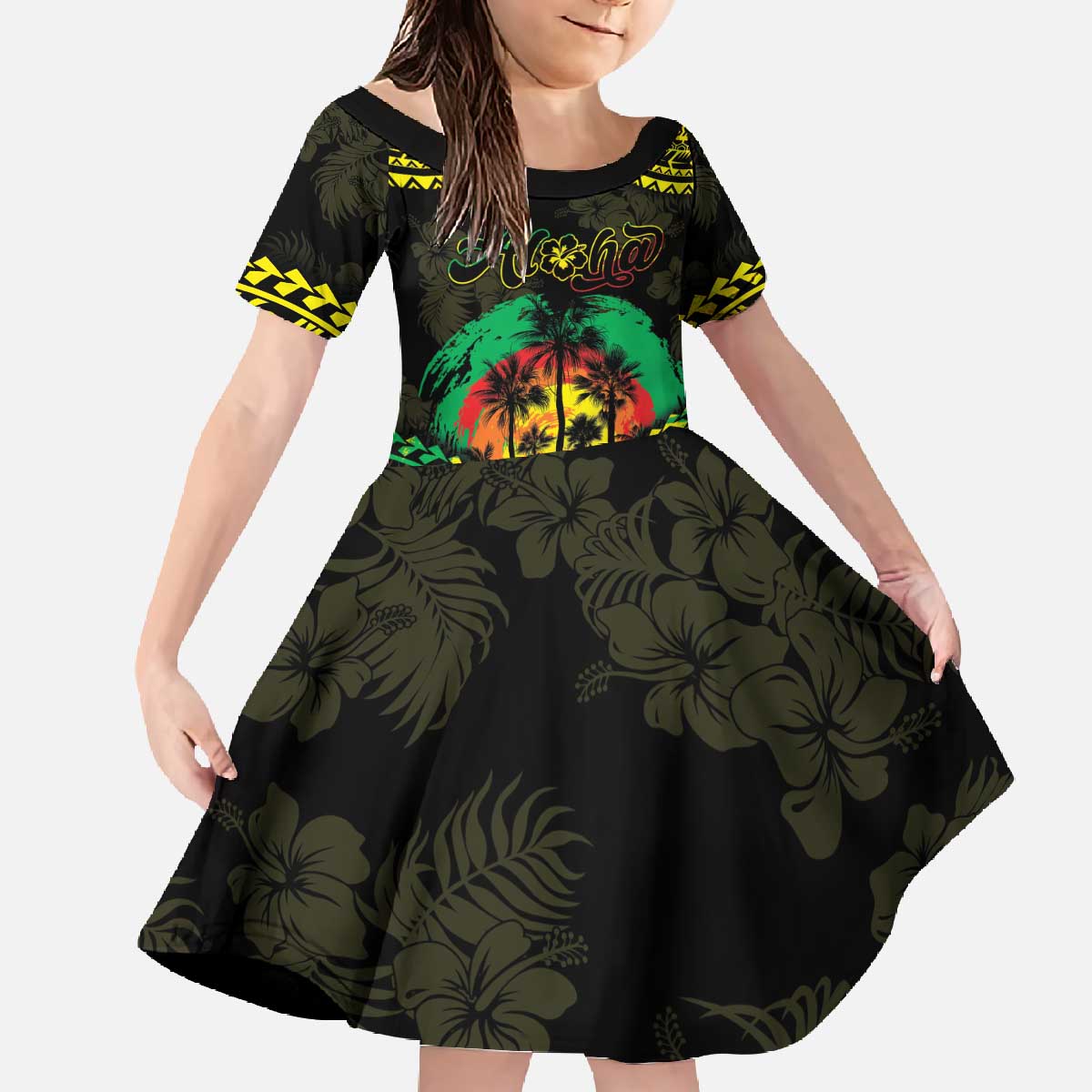 Aloha Tropical Palm Trees Family Matching Off The Shoulder Long Sleeve Dress and Hawaiian Shirt Reggae Polynesian Pattern LT05 Daughter's Dress Black - Polynesian Pride