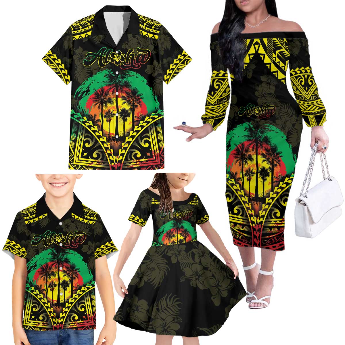 Aloha Tropical Palm Trees Family Matching Off The Shoulder Long Sleeve Dress and Hawaiian Shirt Reggae Polynesian Pattern LT05 - Polynesian Pride