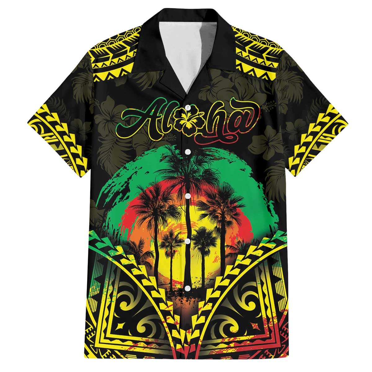 Aloha Tropical Palm Trees Family Matching Off The Shoulder Long Sleeve Dress and Hawaiian Shirt Reggae Polynesian Pattern LT05 Dad's Shirt - Short Sleeve Black - Polynesian Pride
