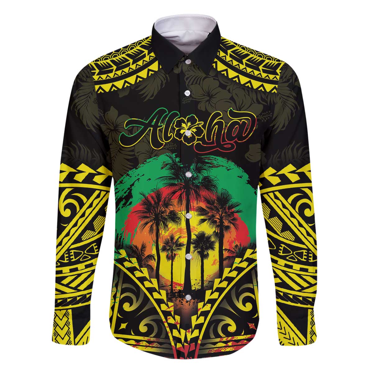 Aloha Tropical Palm Trees Family Matching Off The Shoulder Long Sleeve Dress and Hawaiian Shirt Reggae Polynesian Pattern LT05 Dad's Shirt - Long Sleeve Black - Polynesian Pride