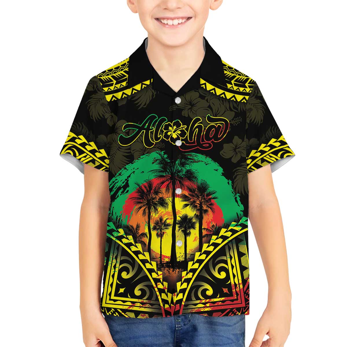 Aloha Tropical Palm Trees Family Matching Off The Shoulder Long Sleeve Dress and Hawaiian Shirt Reggae Polynesian Pattern LT05 Son's Shirt Black - Polynesian Pride