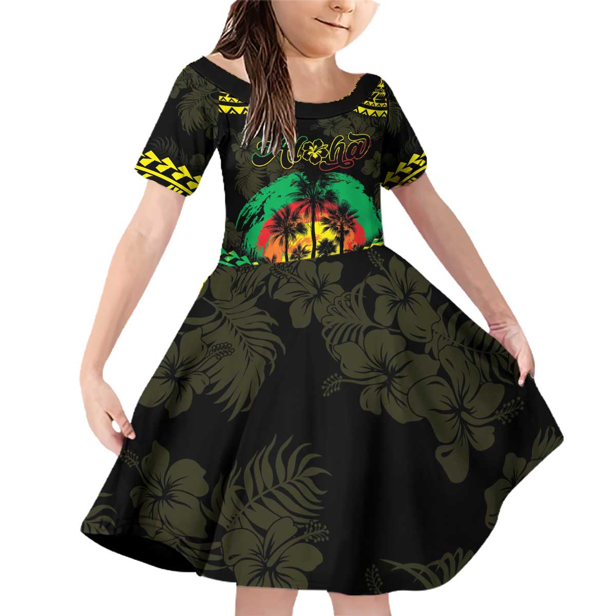 Aloha Tropical Palm Trees Family Matching Off Shoulder Short Dress and Hawaiian Shirt Reggae Polynesian Pattern
