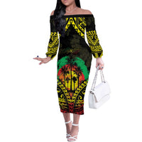 Aloha Tropical Palm Trees Off The Shoulder Long Sleeve Dress Reggae Polynesian Pattern LT05 Women Black - Polynesian Pride