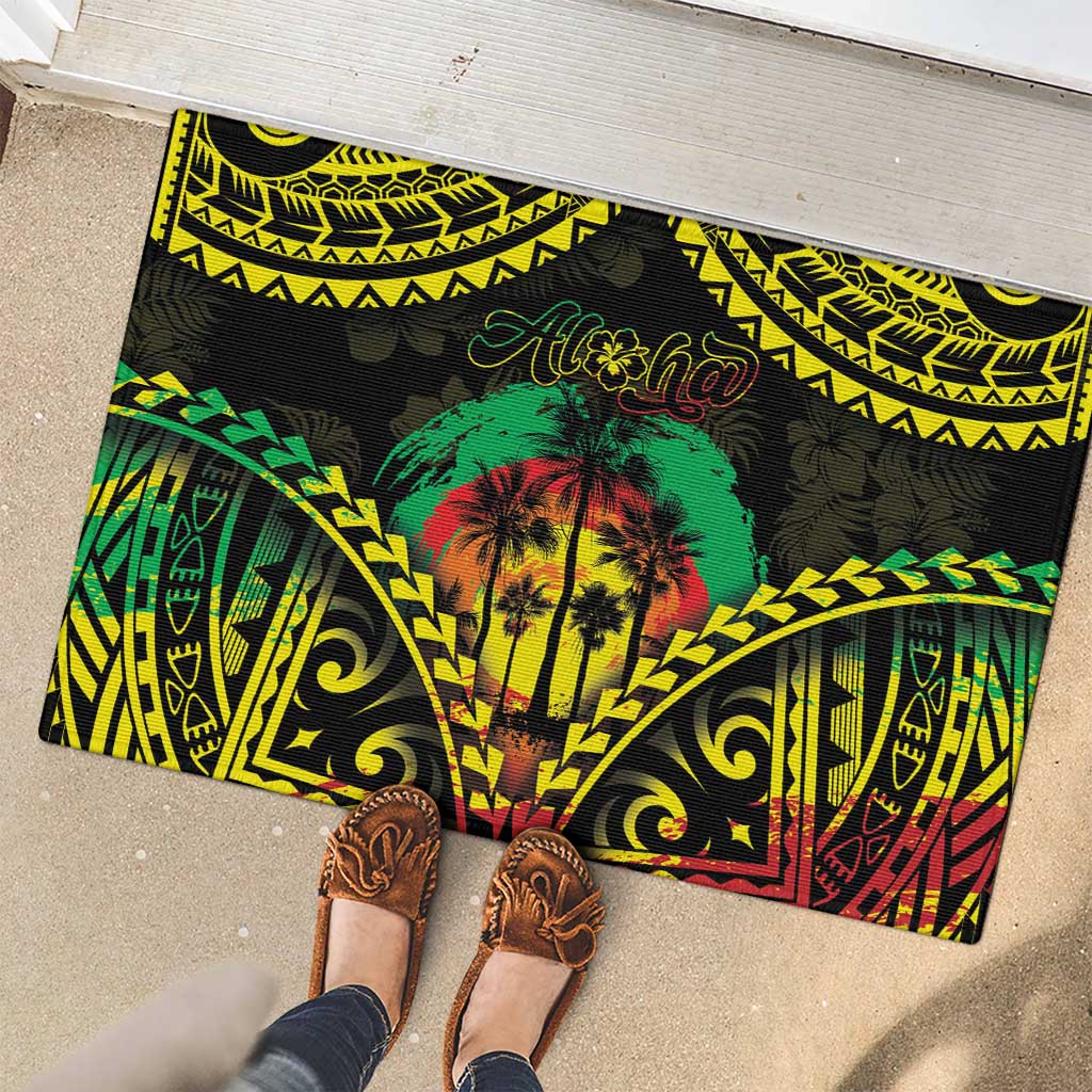 Aloha Tropical Palm Trees Rubber Doormat Reggae Polynesian Pattern