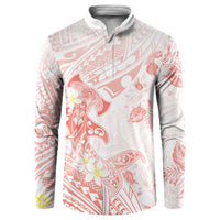 Polynesia Hammerhead Shark Button Sweatshirt Tropical Flowers Tribal Pattern Peach