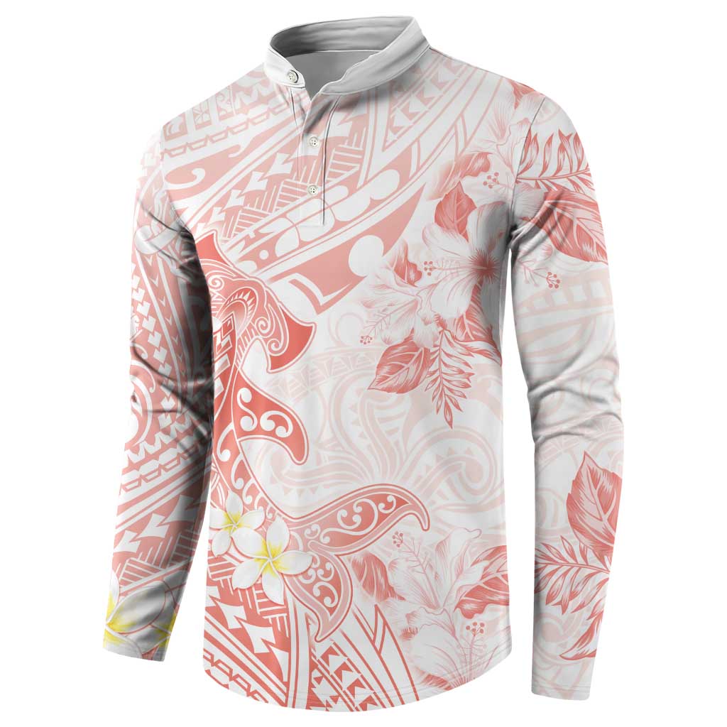 Polynesia Hammerhead Shark Button Sweatshirt Tropical Flowers Tribal Pattern Peach