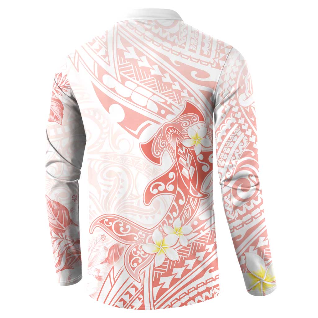 Polynesia Hammerhead Shark Button Sweatshirt Tropical Flowers Tribal Pattern Peach