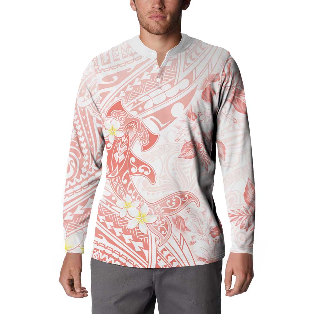 Polynesia Hammerhead Shark Button Sweatshirt Tropical Flowers Tribal Pattern Peach