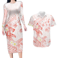 Polynesia Hammerhead Shark Couples Matching Long Sleeve Bodycon Dress and Hawaiian Shirt Tropical Flowers Tribal Pattern Peach LT05 Peach - Polynesian Pride