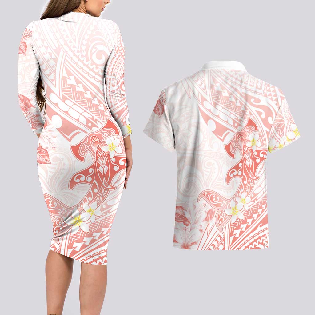 Polynesia Hammerhead Shark Couples Matching Long Sleeve Bodycon Dress and Hawaiian Shirt Tropical Flowers Tribal Pattern Peach LT05 - Polynesian Pride