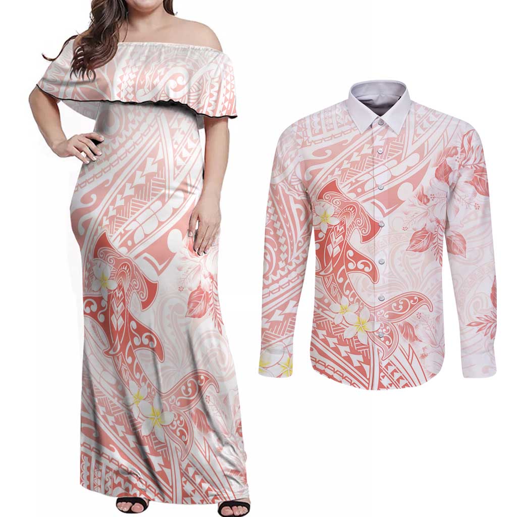Polynesia Hammerhead Shark Couples Matching Off Shoulder Maxi Dress and Long Sleeve Button Shirt Tropical Flowers Tribal Pattern Peach