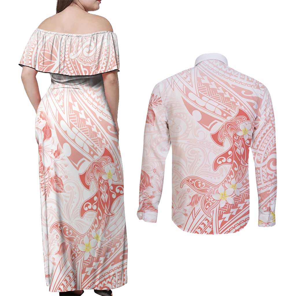 Polynesia Hammerhead Shark Couples Matching Off Shoulder Maxi Dress and Long Sleeve Button Shirt Tropical Flowers Tribal Pattern Peach