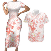 Polynesia Hammerhead Shark Couples Matching Short Sleeve Bodycon Dress and Hawaiian Shirt Tropical Flowers Tribal Pattern Peach LT05 Peach - Polynesian Pride