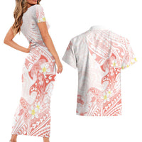 Polynesia Hammerhead Shark Couples Matching Short Sleeve Bodycon Dress and Hawaiian Shirt Tropical Flowers Tribal Pattern Peach LT05 - Polynesian Pride