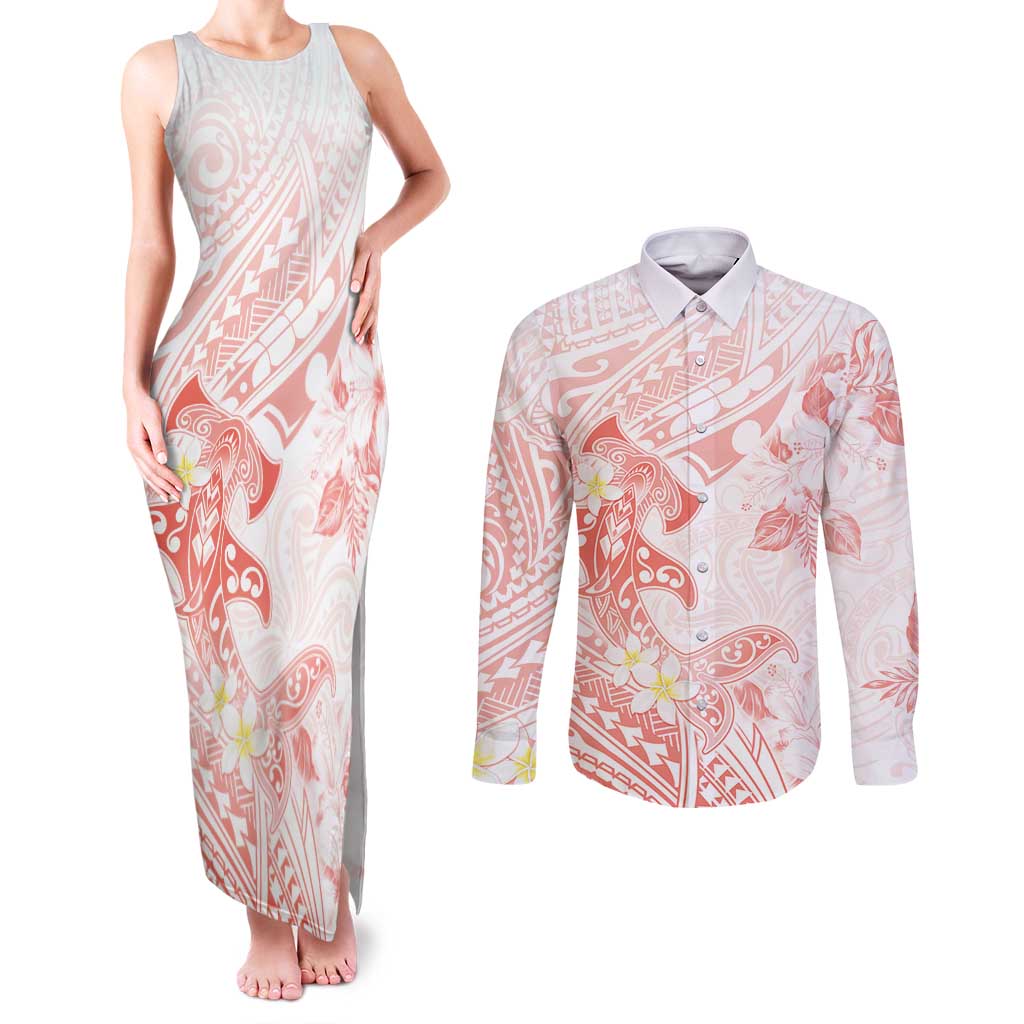 Polynesia Hammerhead Shark Couples Matching Tank Maxi Dress and Long Sleeve Button Shirt Tropical Flowers Tribal Pattern Peach