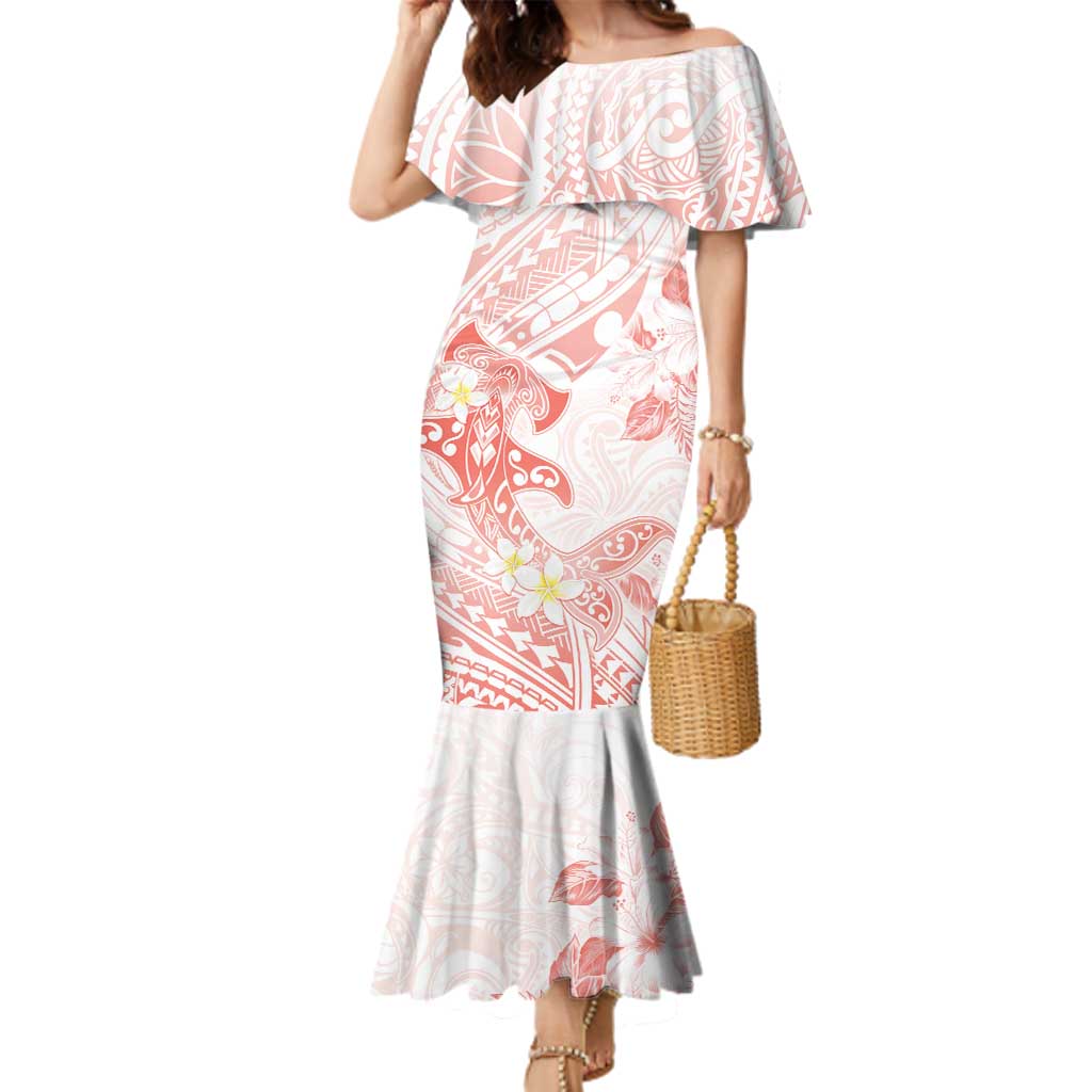 Polynesia Hammerhead Shark Family Matching Mermaid Dress and Hawaiian Shirt Tropical Flowers Tribal Pattern Peach LT05 Mom's Dress Peach - Polynesian Pride