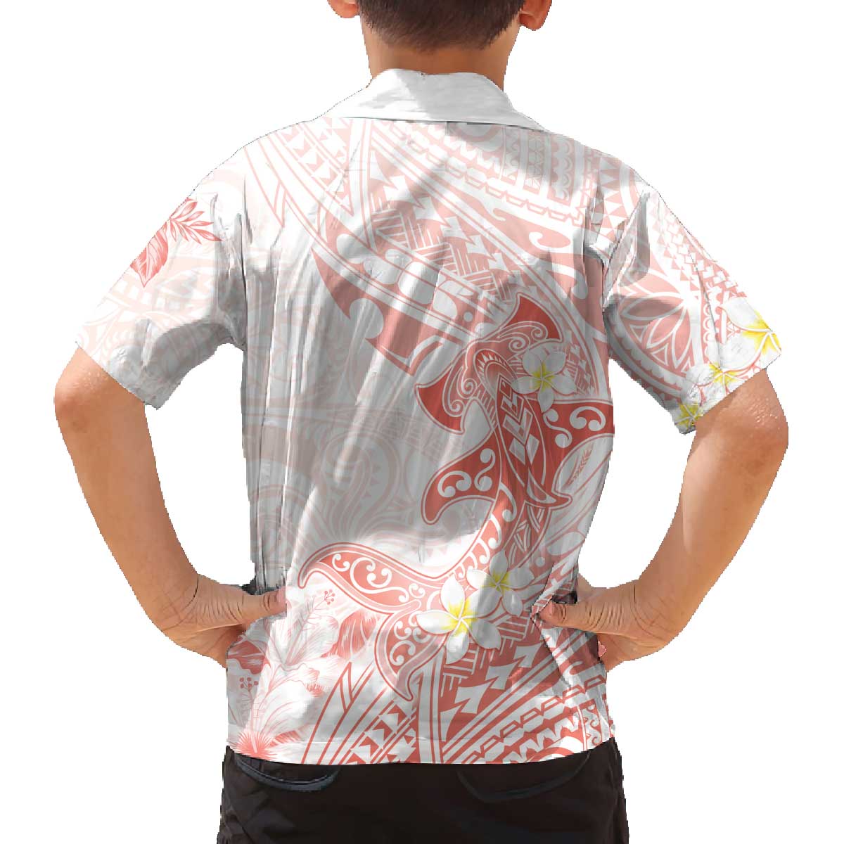 Polynesia Hammerhead Shark Family Matching Off The Shoulder Long Sleeve Dress and Hawaiian Shirt Tropical Flowers Tribal Pattern Peach LT05 - Polynesian Pride