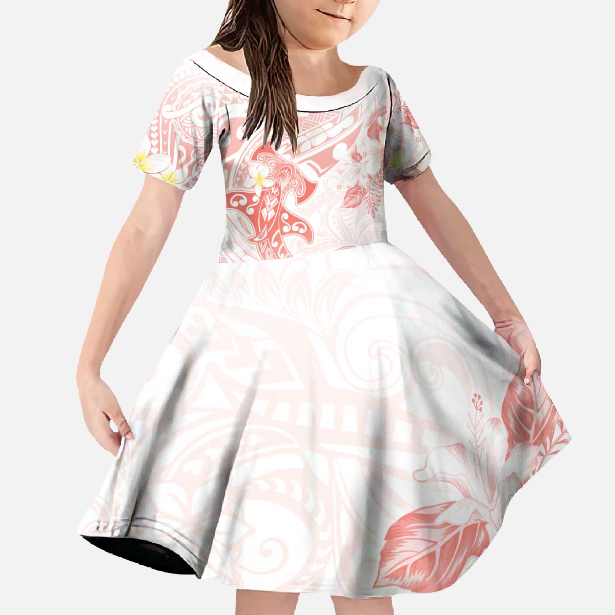 Polynesia Hammerhead Shark Family Matching Off The Shoulder Long Sleeve Dress and Hawaiian Shirt Tropical Flowers Tribal Pattern Peach LT05 Daughter's Dress Peach - Polynesian Pride