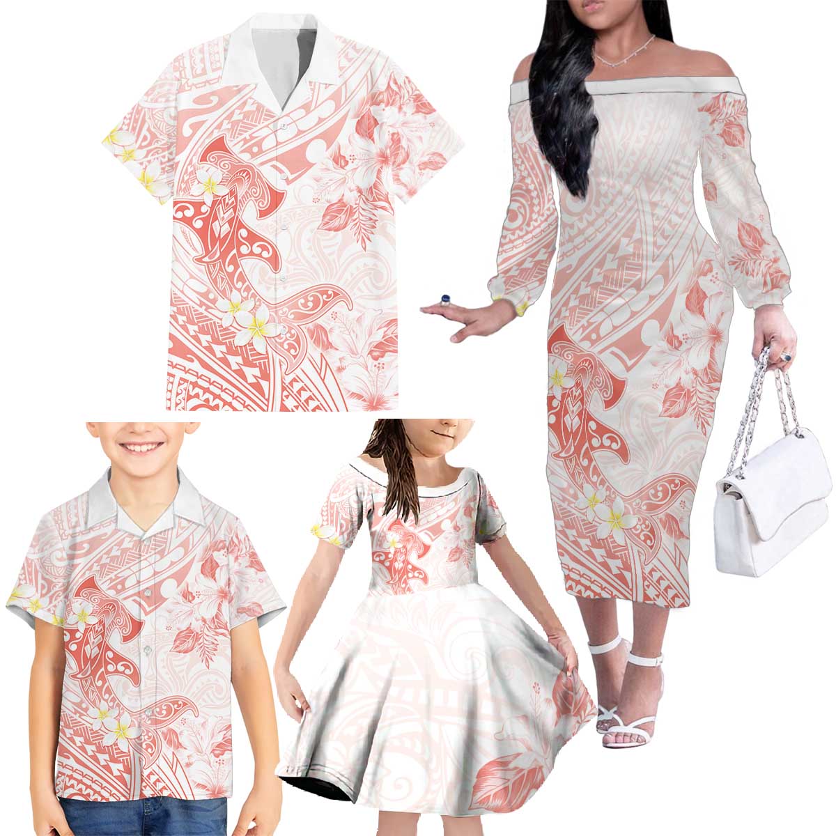 Polynesia Hammerhead Shark Family Matching Off The Shoulder Long Sleeve Dress and Hawaiian Shirt Tropical Flowers Tribal Pattern Peach LT05 - Polynesian Pride