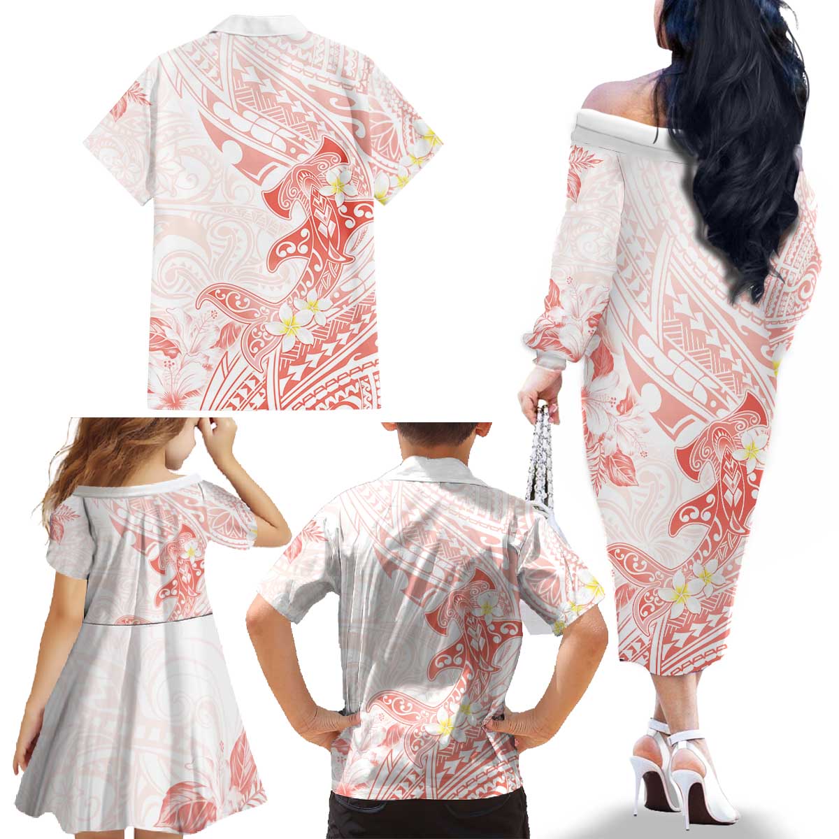 Polynesia Hammerhead Shark Family Matching Off The Shoulder Long Sleeve Dress and Hawaiian Shirt Tropical Flowers Tribal Pattern Peach LT05 - Polynesian Pride